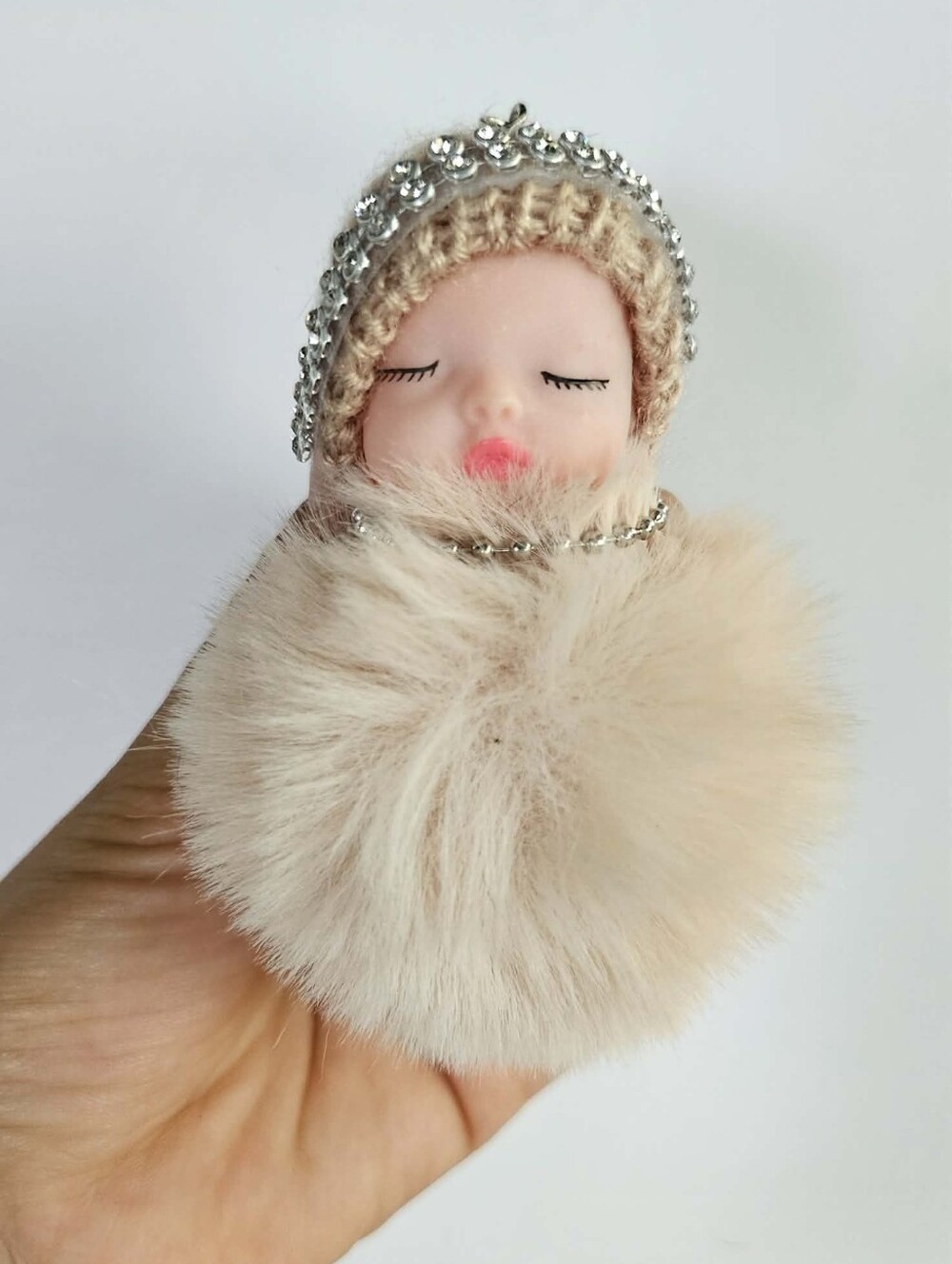 Plush Baby Doll Pom-Pom Keychain - Cream, Cute baby themed keychain, keyring,